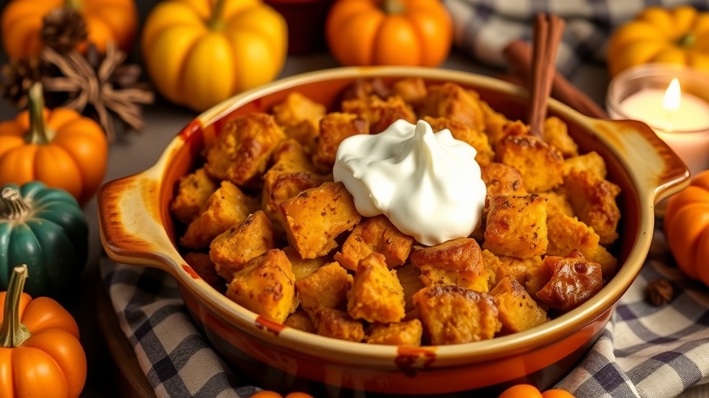 Spiced Pumpkin Bread Pudding A delicious bowl of pumpkin bread pudding topped with whipped cream, displayed on a rustic table with autumn decor.